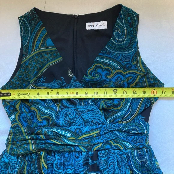 Studio I Paisley Midi Dress Blue  Green Sleeveless Empire Waist Pleated Sz 8 - Picture 9 of 16